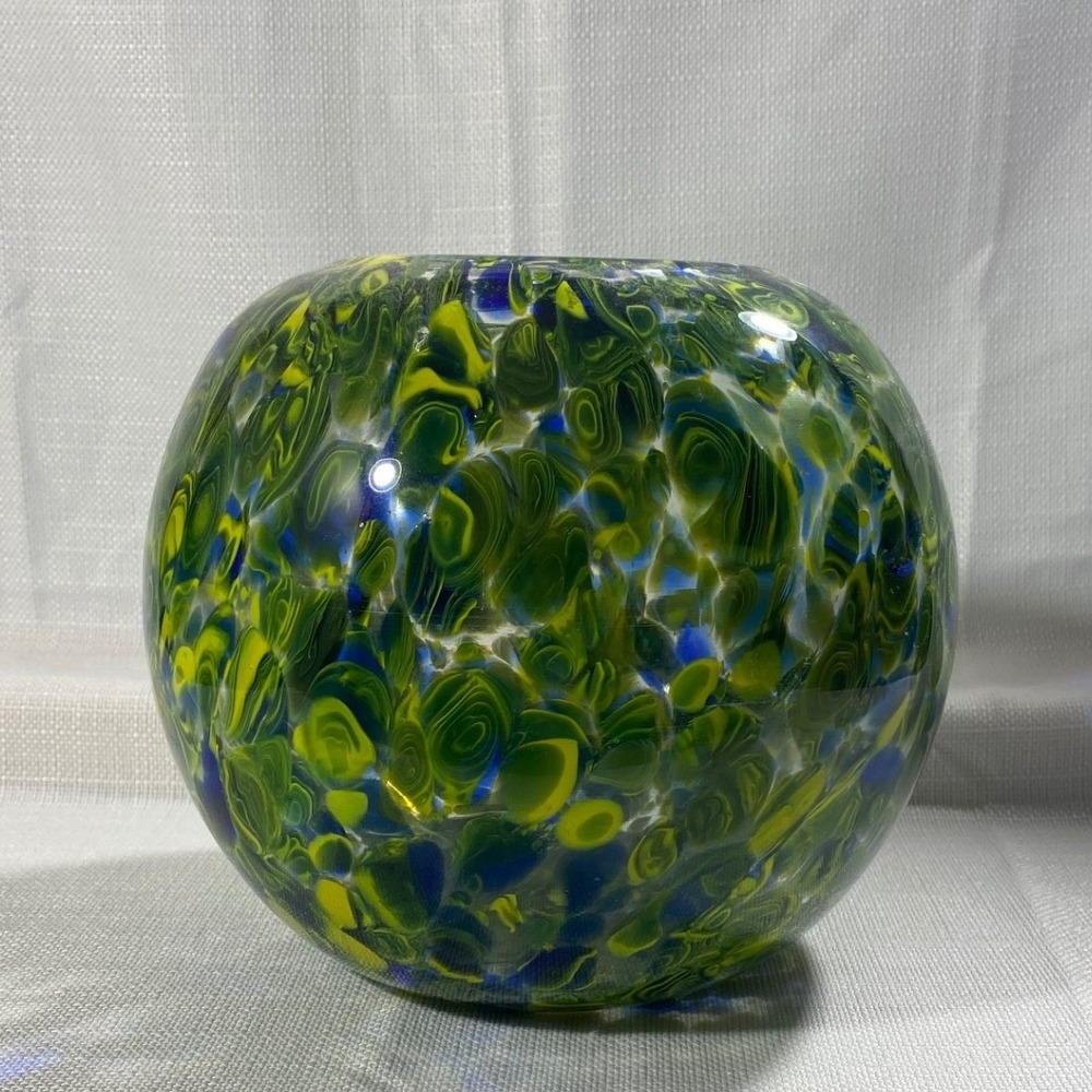 Hand Blown Art Glass Vase Round Confetti Swirl Green Yellow Blue 7 Inch